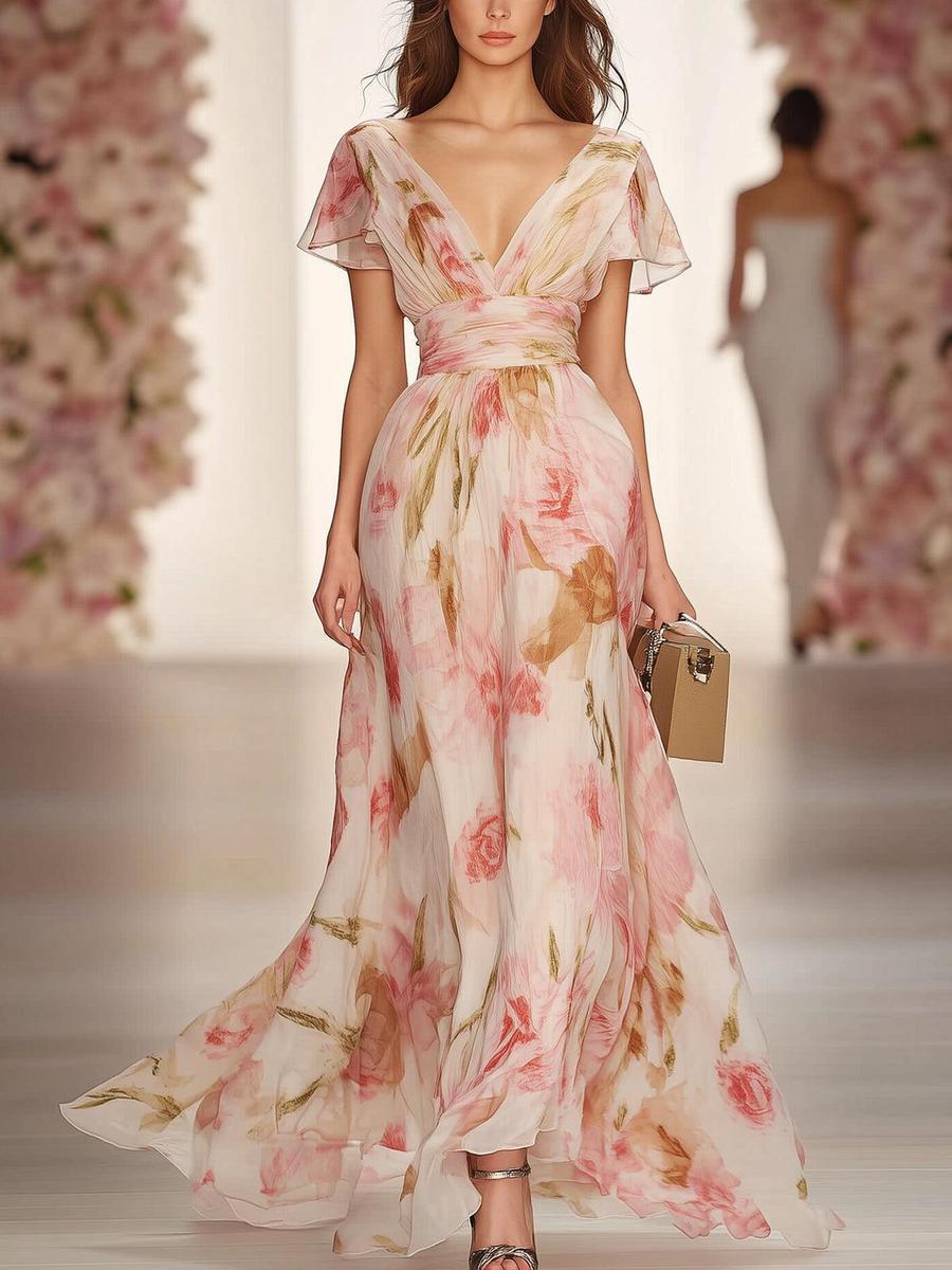 Pink Short Sleeve V-Neck Maxi Dress