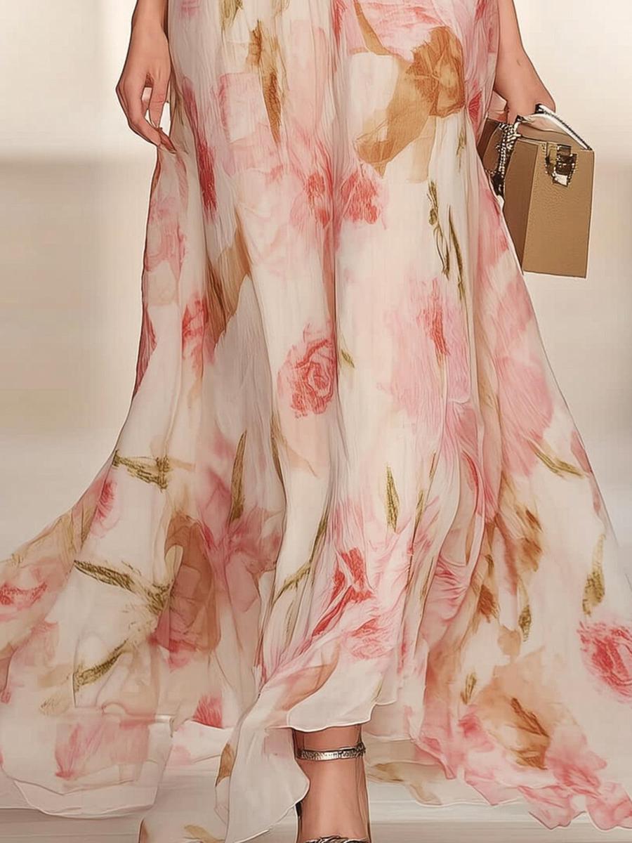 Pink Short Sleeve V-Neck Maxi Dress