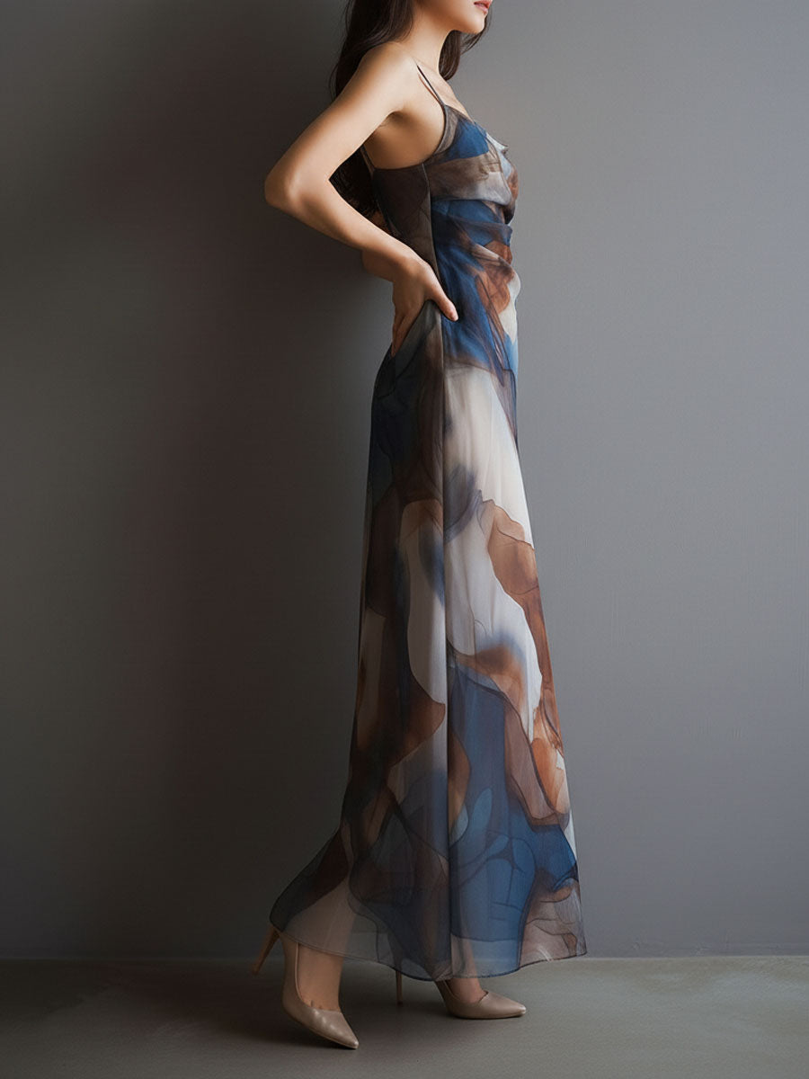 Retro Abstract Print Watercolor Chiffon Slip Maxi Dress