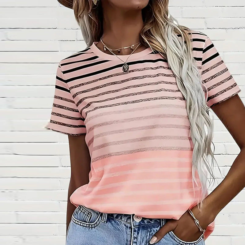 Aumora Round Neck Short Sleeve Striped T-Shirt