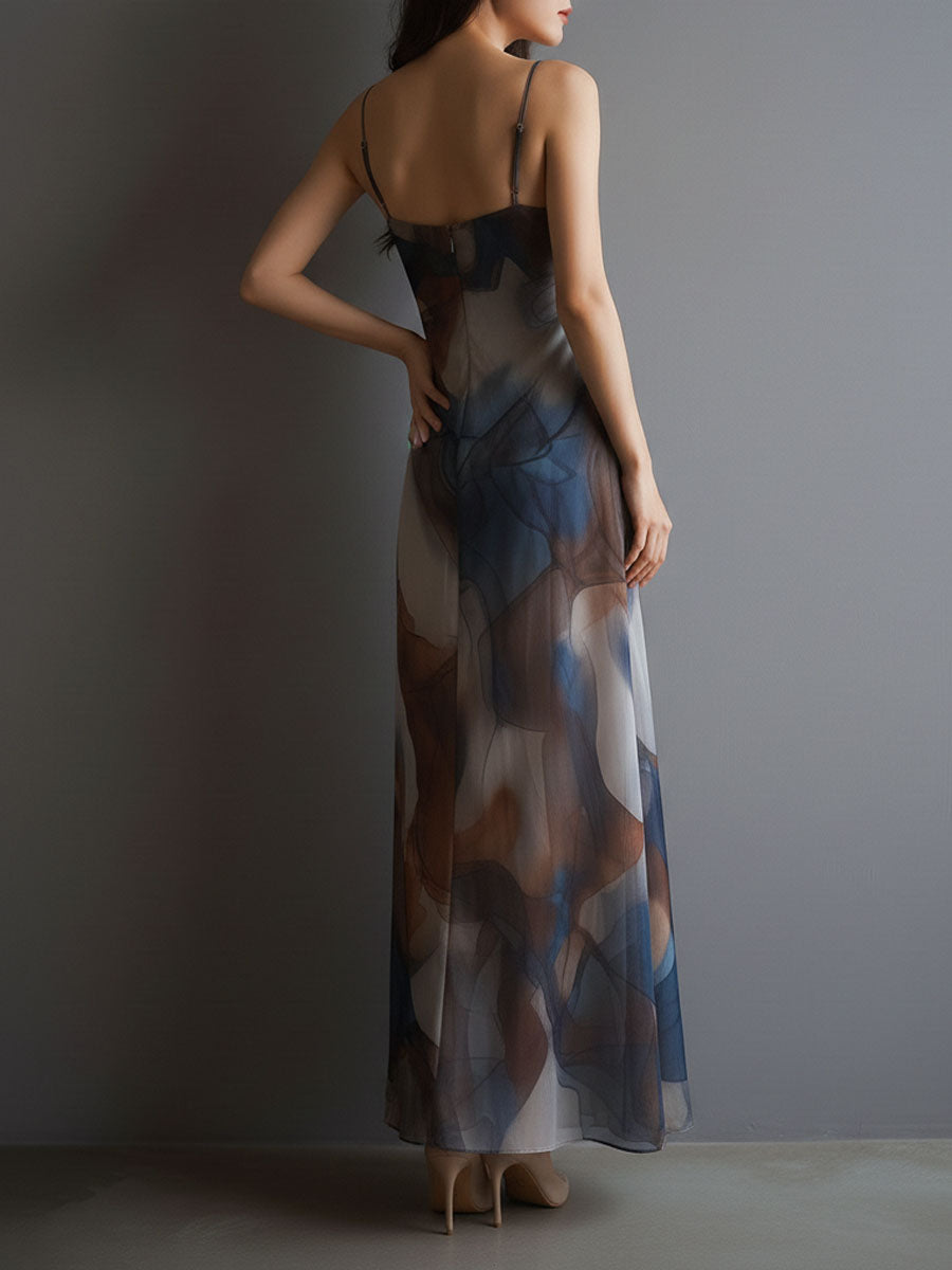 Retro Abstract Print Watercolor Chiffon Slip Maxi Dress