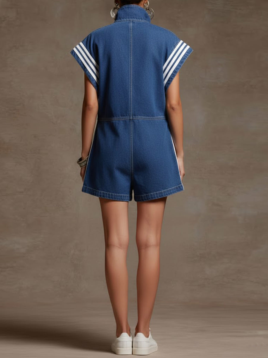 Loose Sleeveless Contrast Color Drawstring Pockets Split-Joint Striped Zipper Stand Collar Rompers
