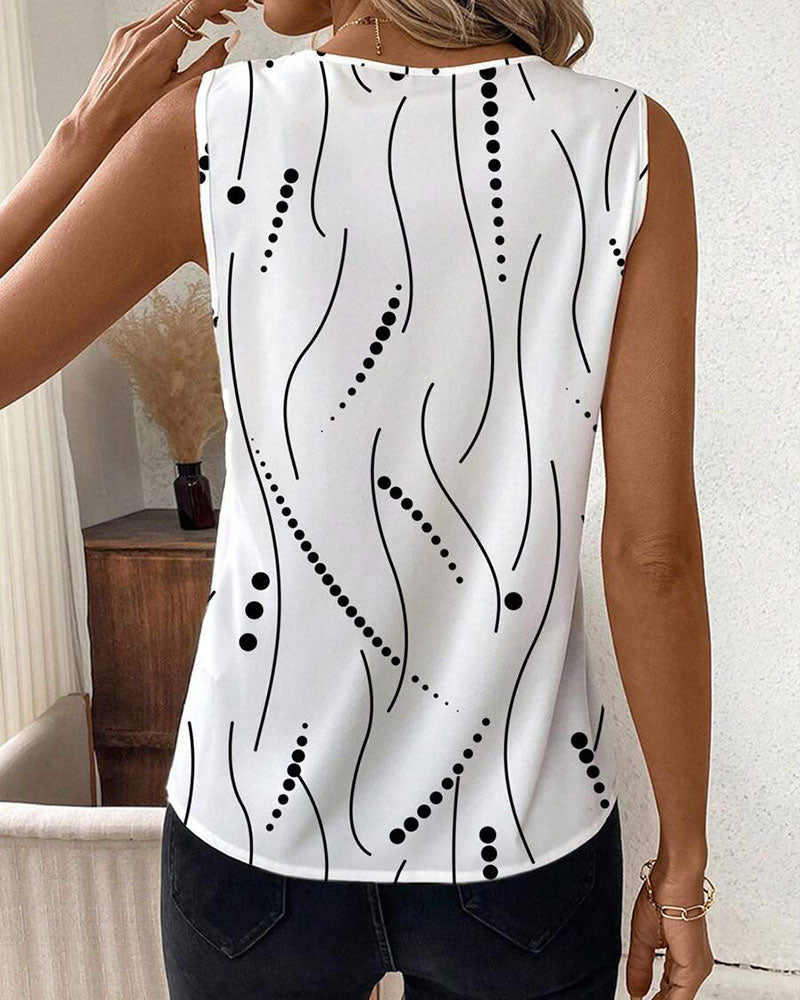 V-Neck Sleeveless Pleated Printed Vest
