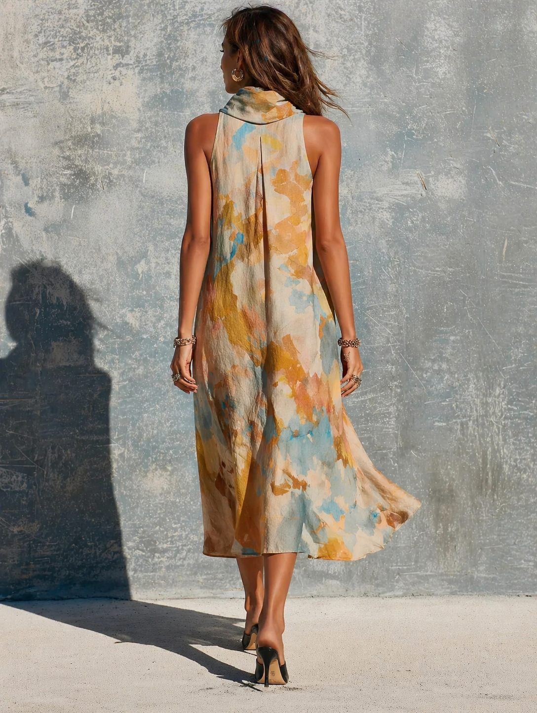 Bohemian-style Ink-wash Print Cowl-neck Sleeveless Dress