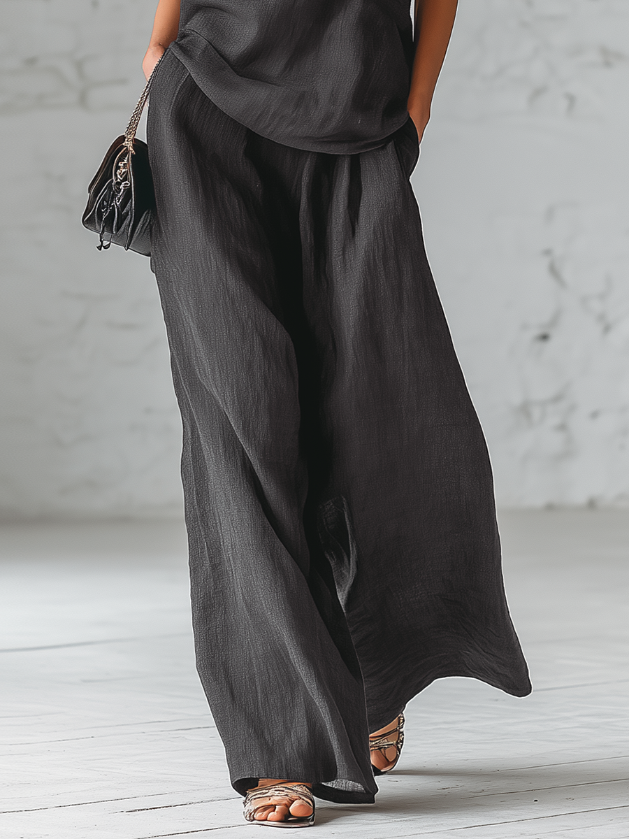 Gray Cotton And Linen Sleeveless One Shoulder Top With Tie Detail And Wide Leg Pants Set