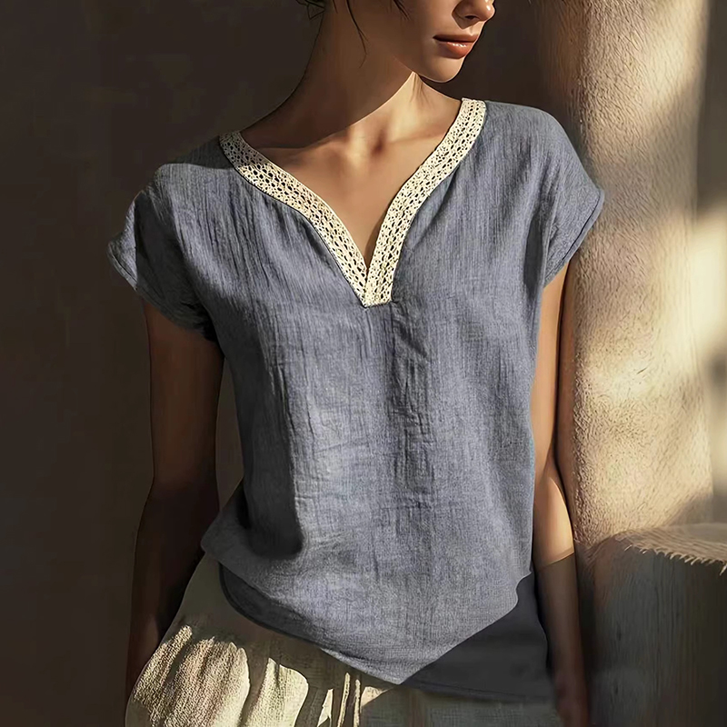 VChics Boho Vintage Lace V-neck Cotton Blend Shirt