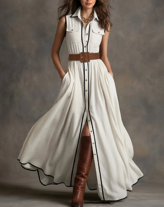 Belted Contrast Piping Maxi Shirt Dress