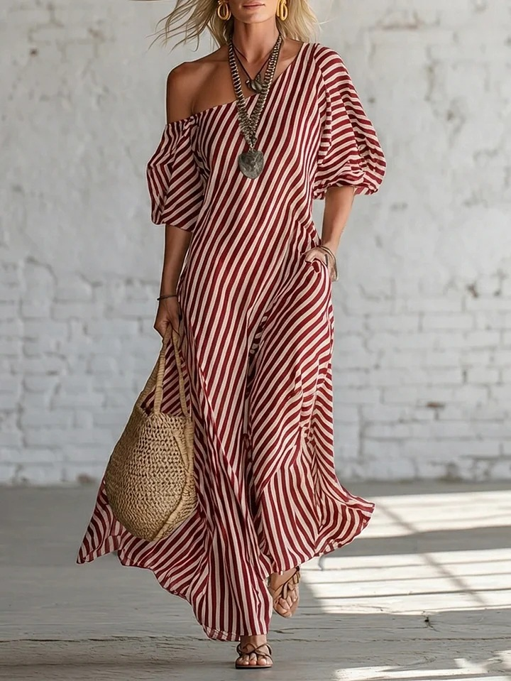 Urban Black Chiffon Striped Print Off Shoulder Maxi Dress