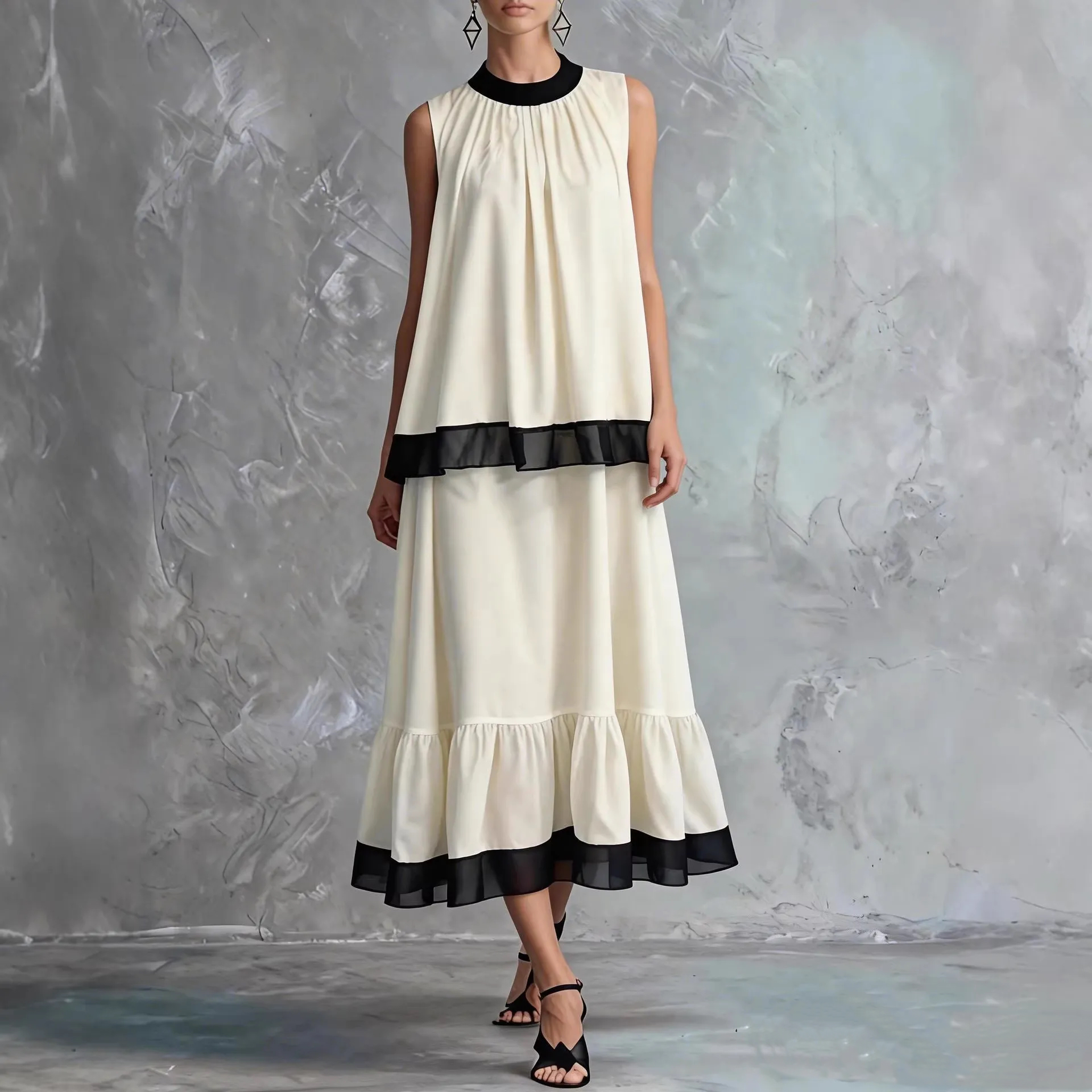 Elegant Black & White Tiered Two-Piece Maxi Set