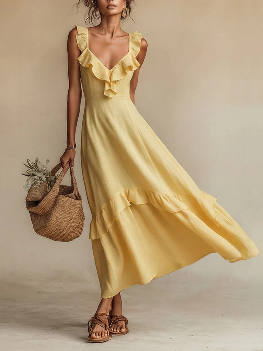 Ruffled Linen Blend Maxi Dress