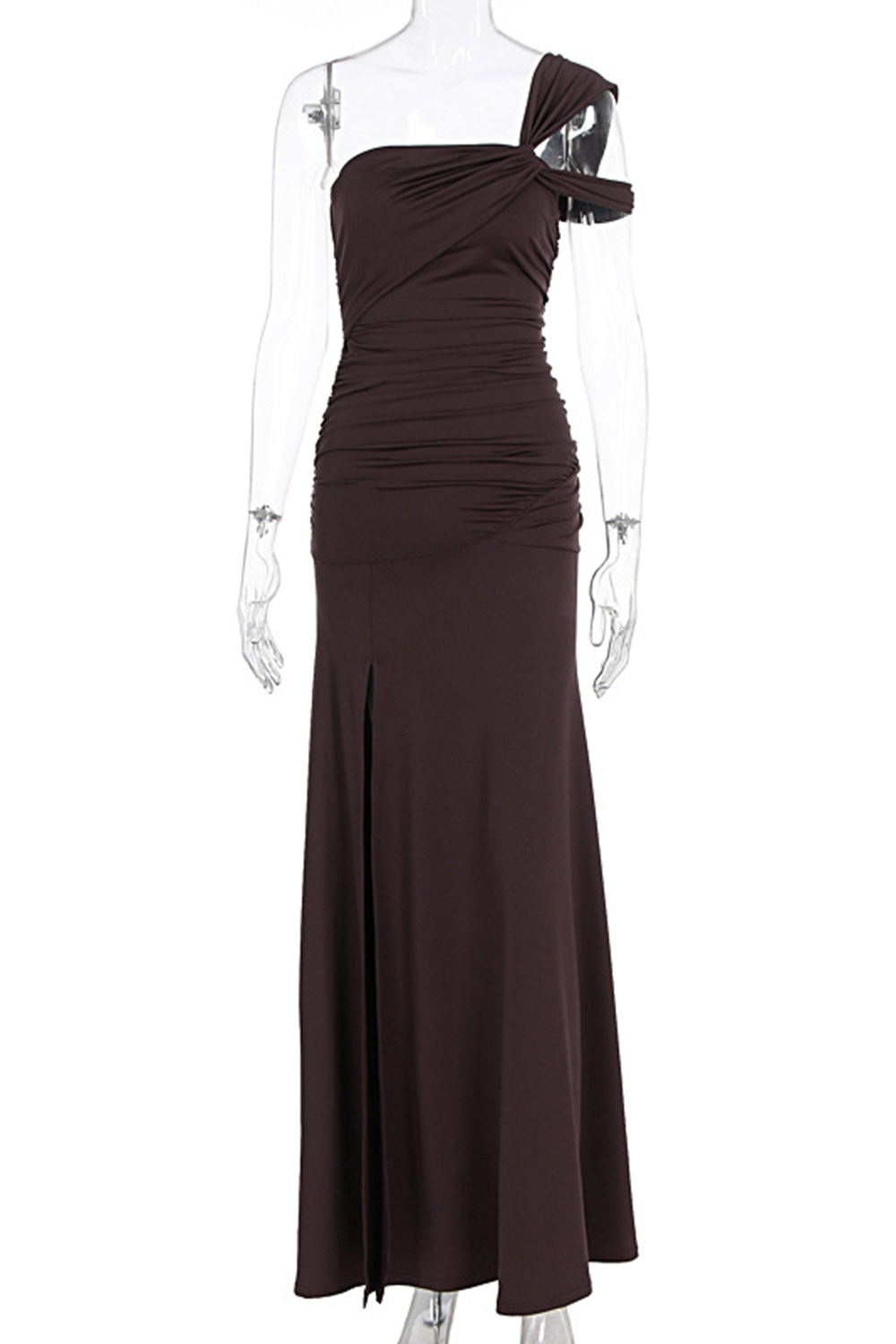 One Shoulder Ruched High Slit Slim Fit Solid Color Party Maxi Dresses-Brown