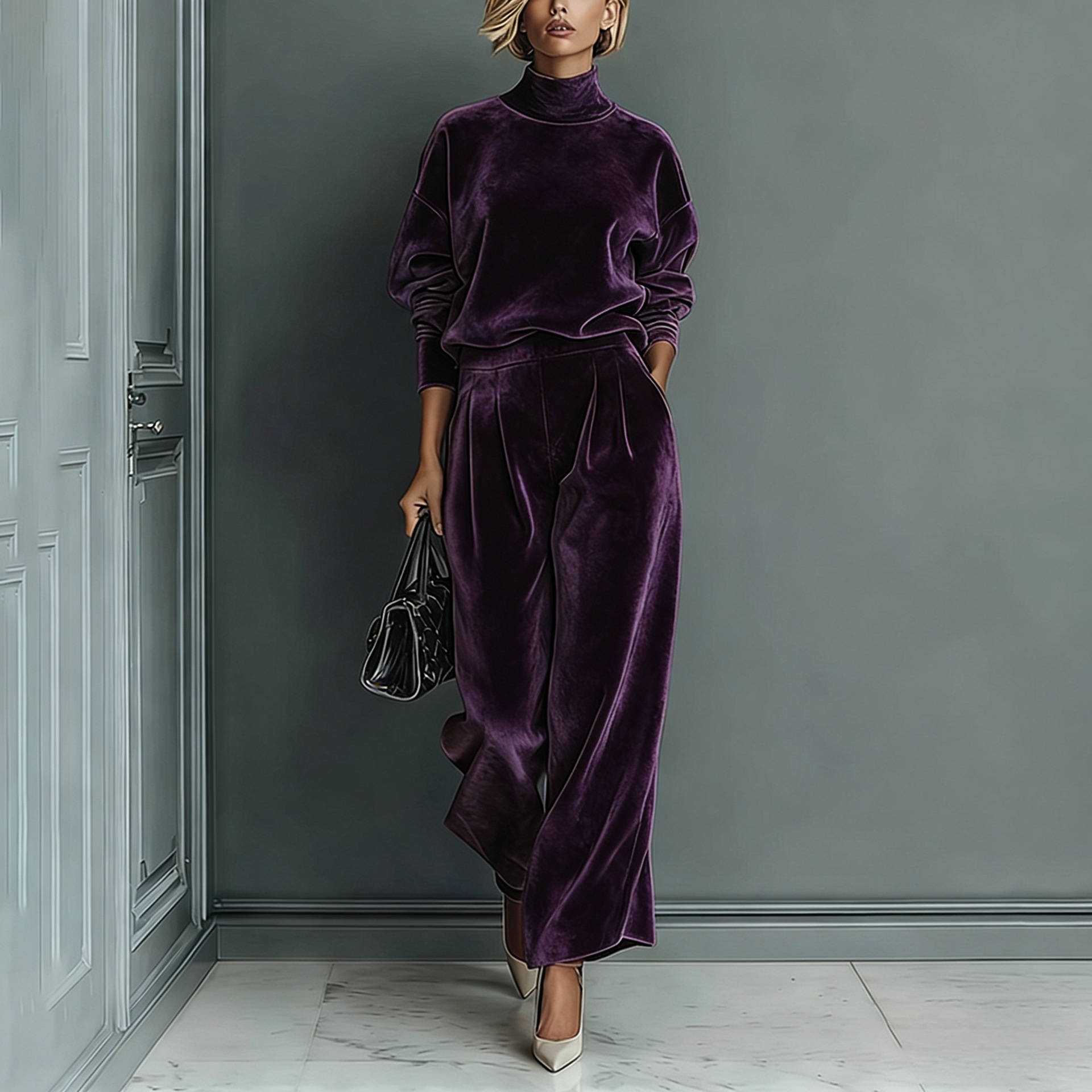 Stylish Velvet Turtleneck Long-sleeved Top and Casual Pocket Wide-leg Pants Set