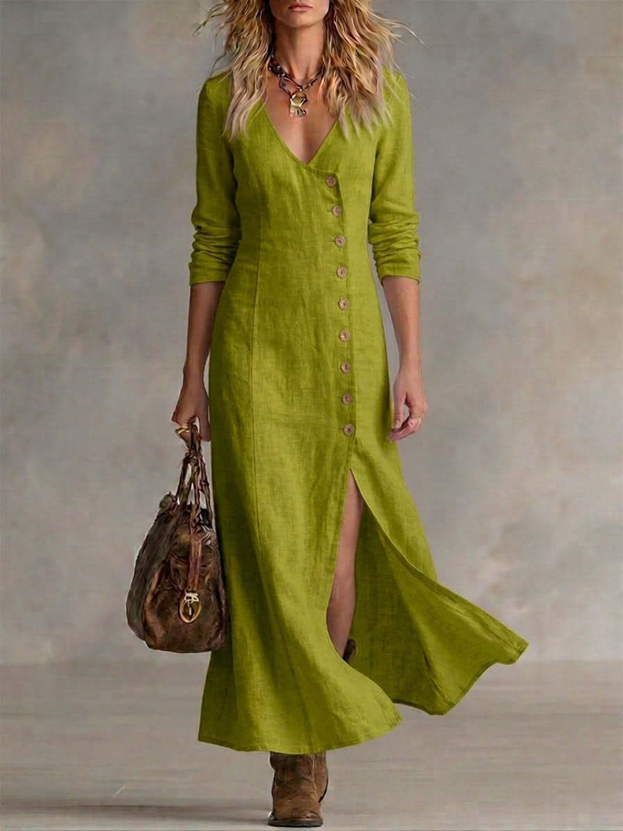  Long Multi-Button Fashion Cotton And Linen Dresses