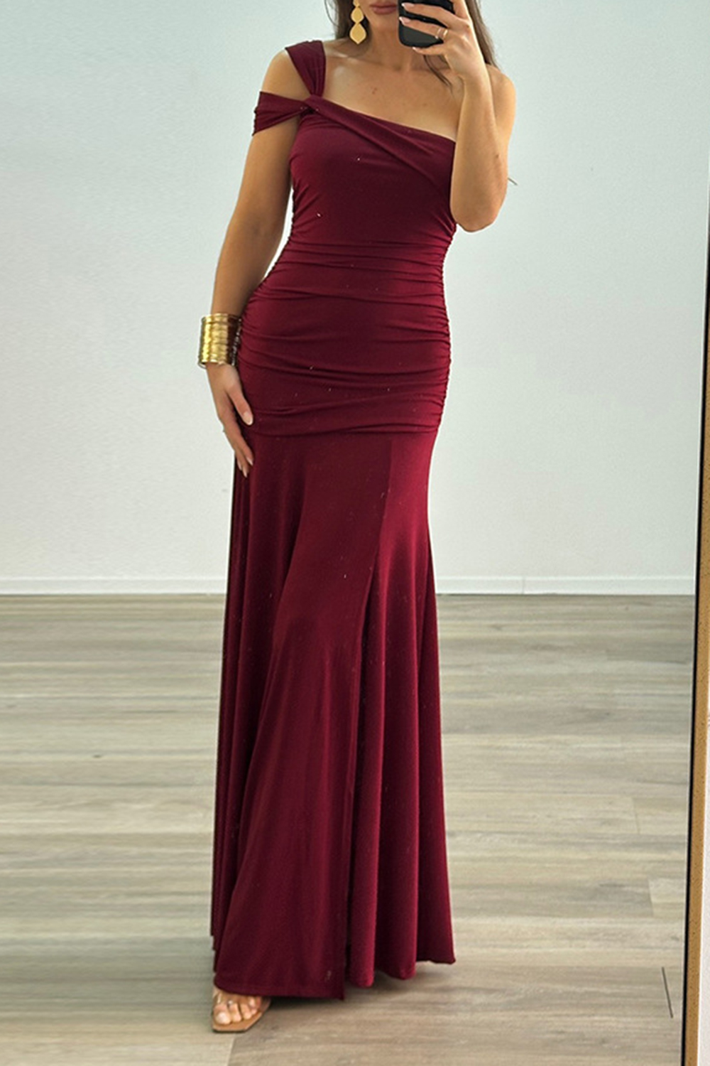 One Shoulder Ruched High Slit Slim Fit Solid Color Party Maxi Dresses-Brown