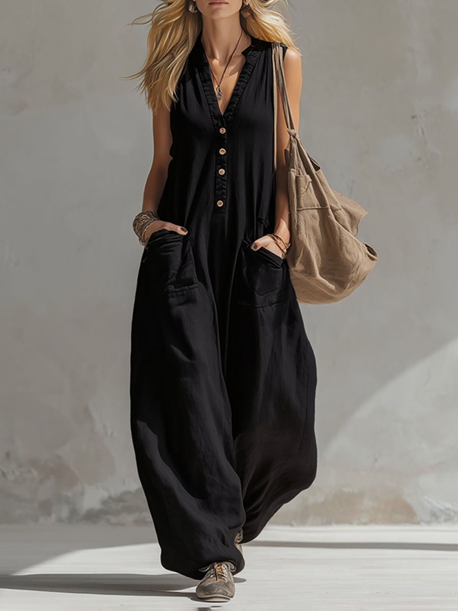 Sleeveless Wide Leg Buttoned Pockets Solid Color V-Neck Jumpsuits