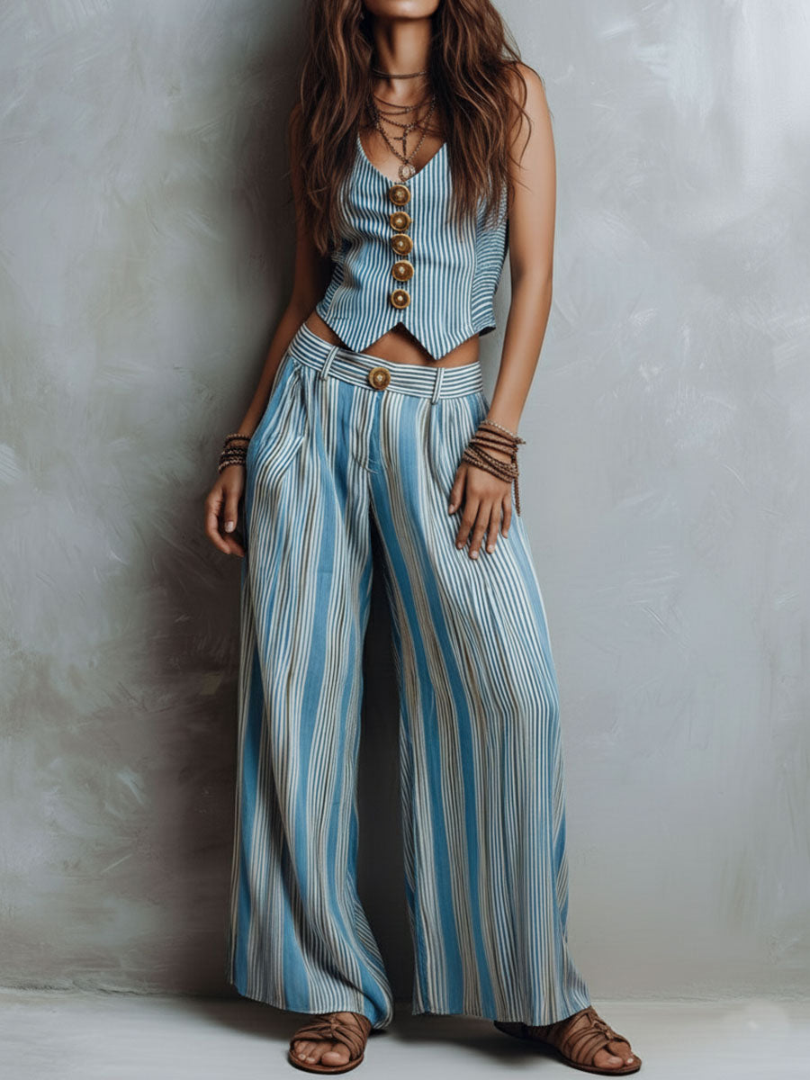 Boho Blue Striped Vest & Wide-Leg Pant Set