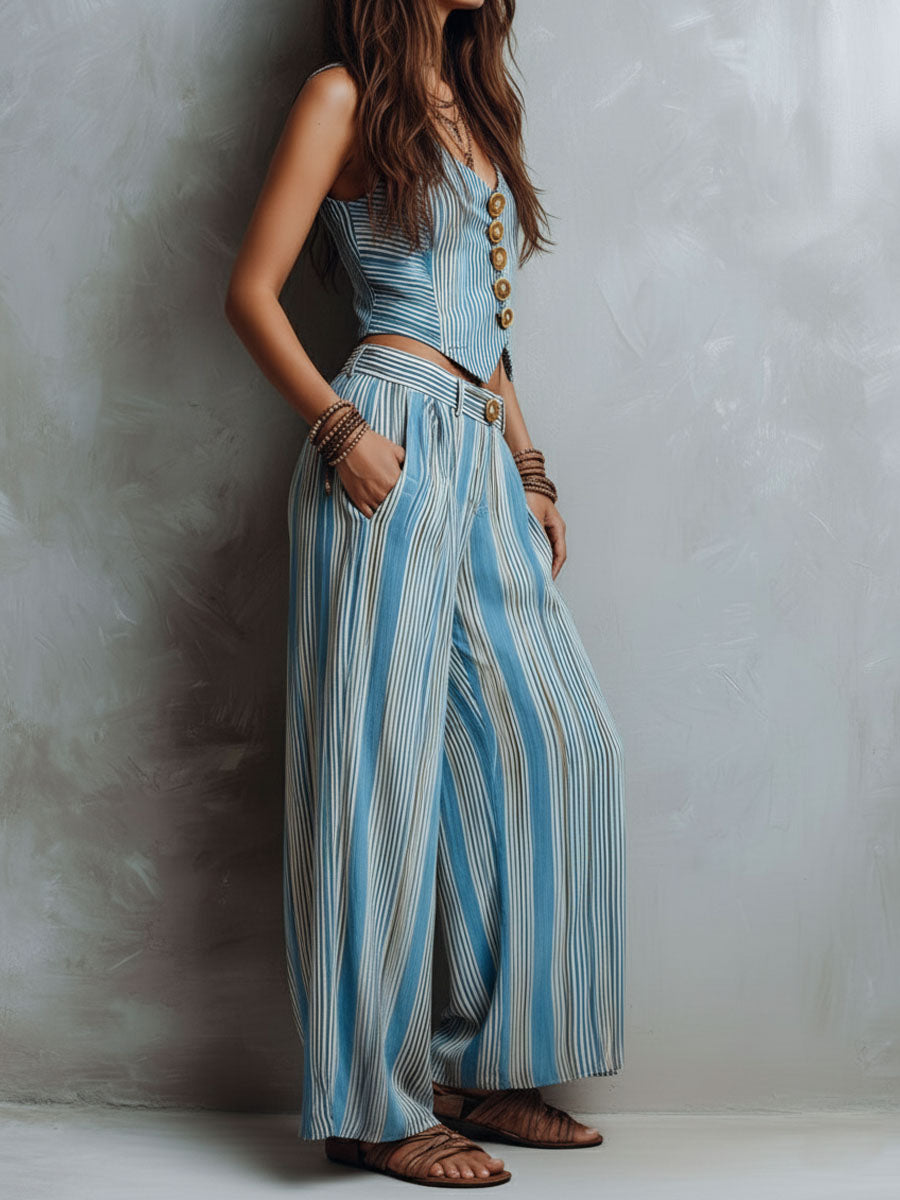 Boho Blue Striped Vest & Wide-Leg Pant Set