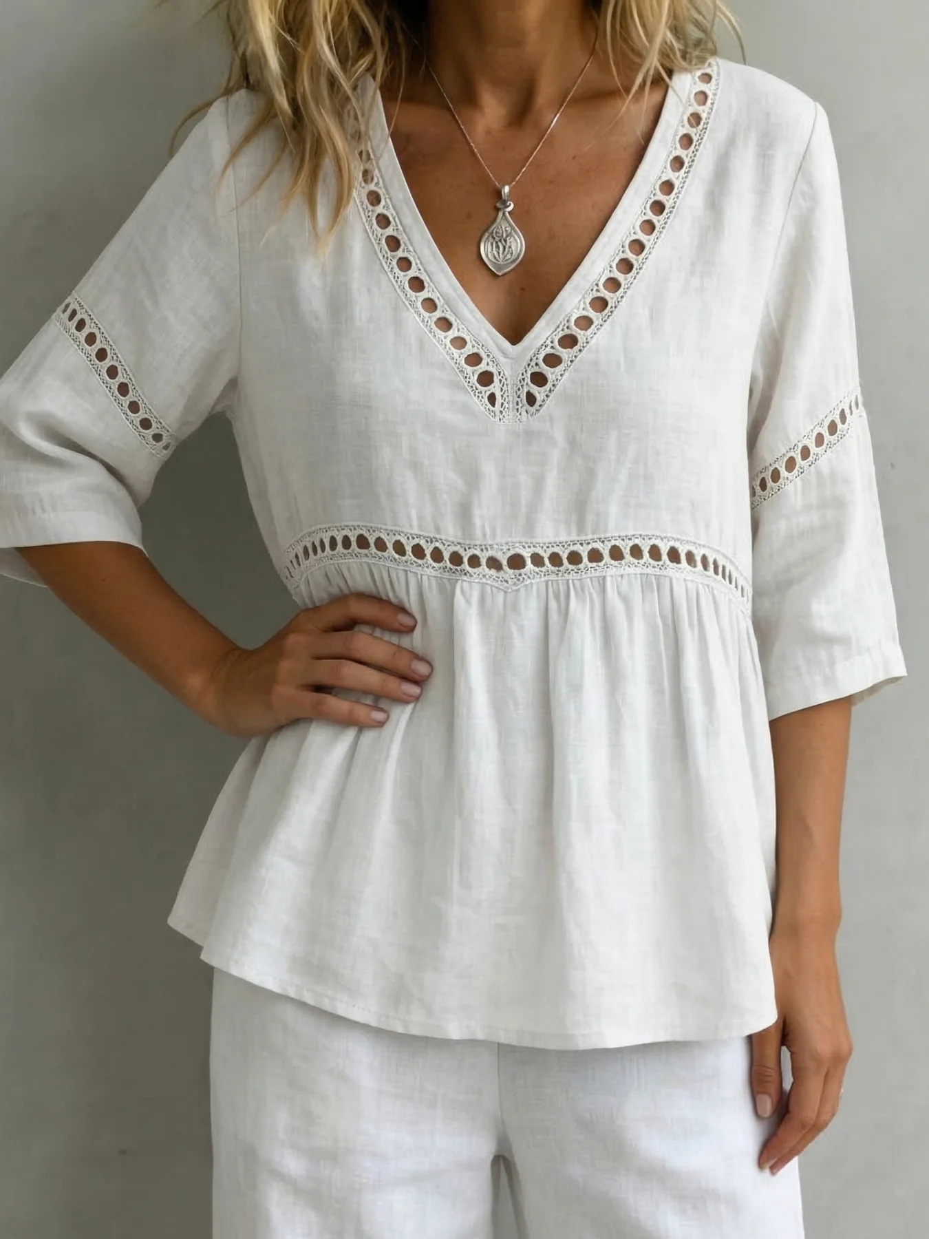 V-Neck Hollow-Out 3/4 Sleeve Blouse