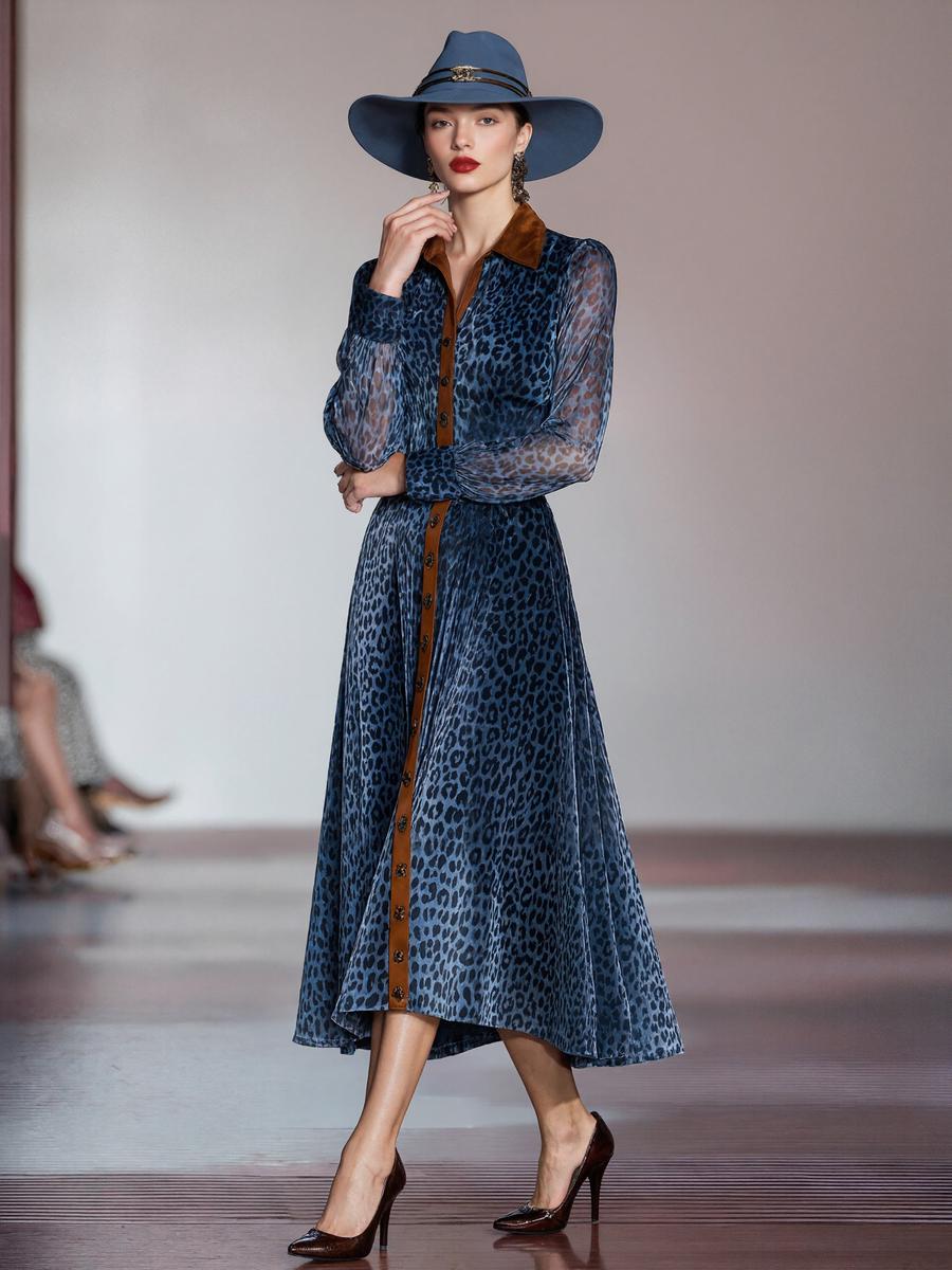 Blue Long Sleeve Leopard Midi Dress