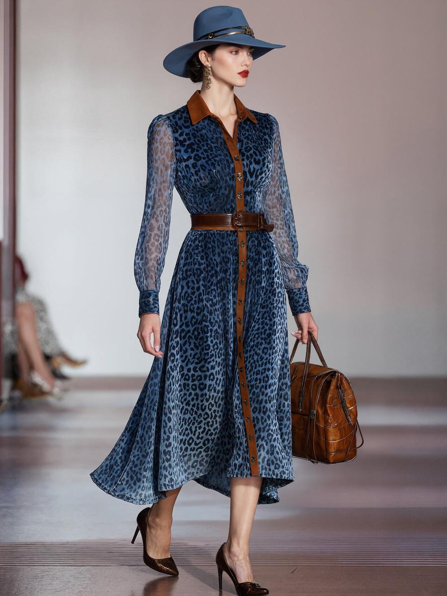 Blue Long Sleeve Leopard Midi Dress