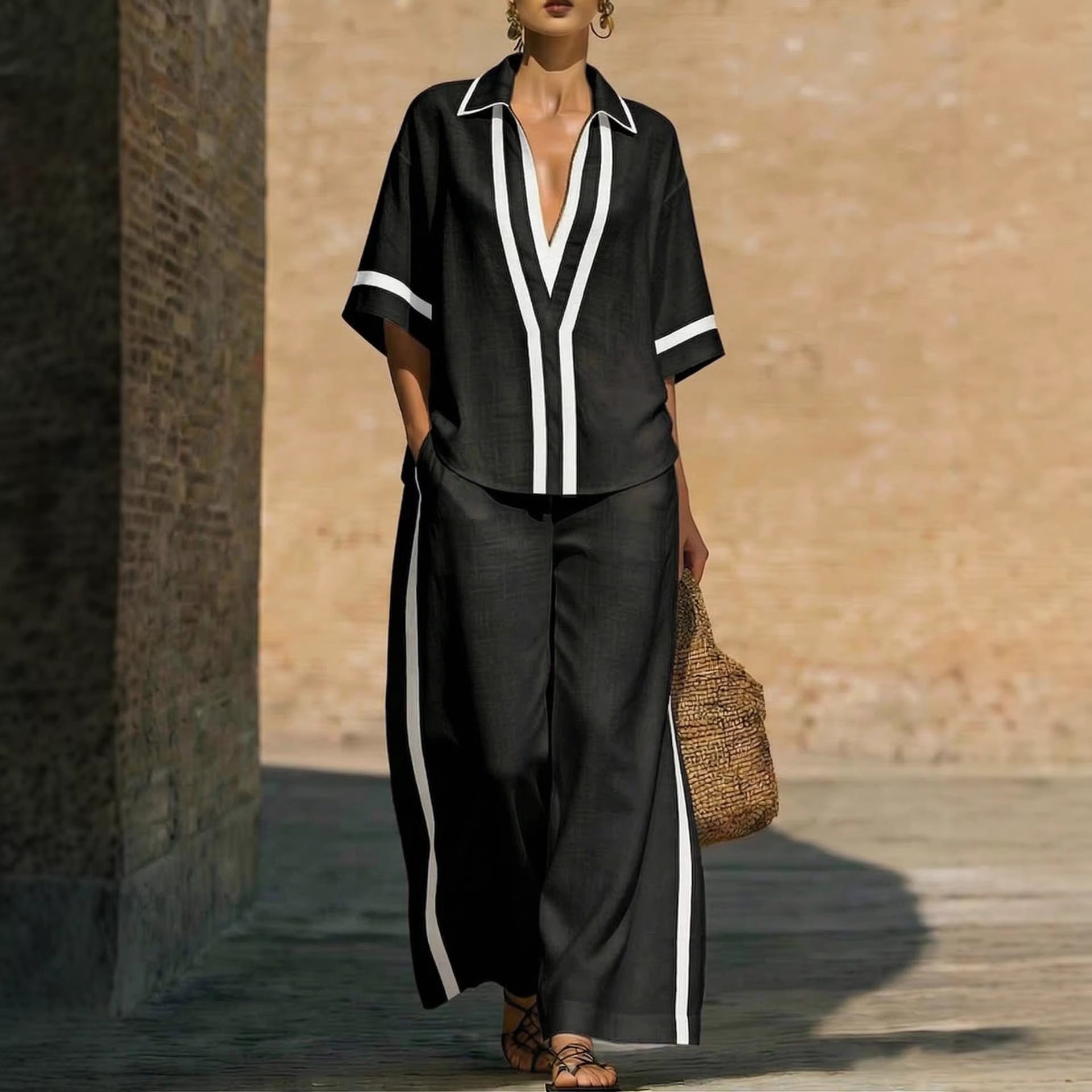Fashionable Color-Block Two-Piece Set: Casual Short-Sleeve Shirt and Wide-Leg Pants