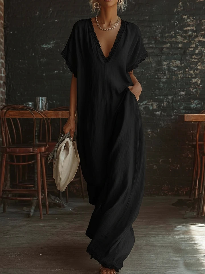 Casual Bohemian Urban V-neck Short-sleeved Lace Trim White Cotton Maxi Dress