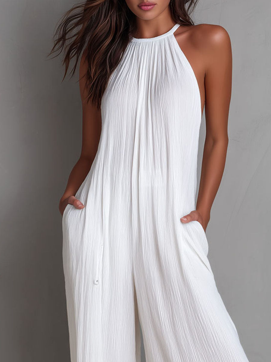 Resort White Pleated Halter Wide-Leg One-Piece Jumpsuit