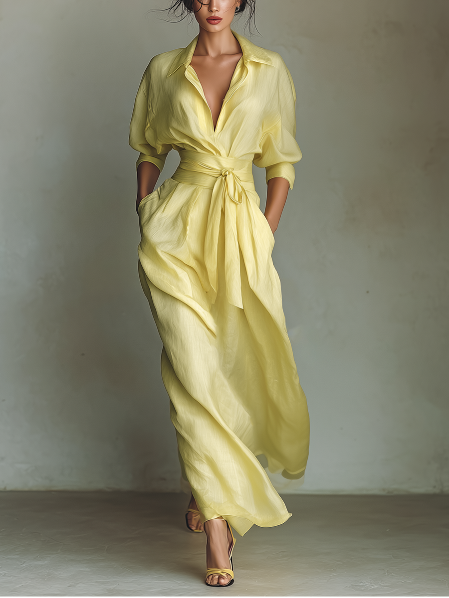 Women's Lemon Yellow Cotton And Linen Blend Maxi Shirt Dress With Tie Waist & Half Sleeves 