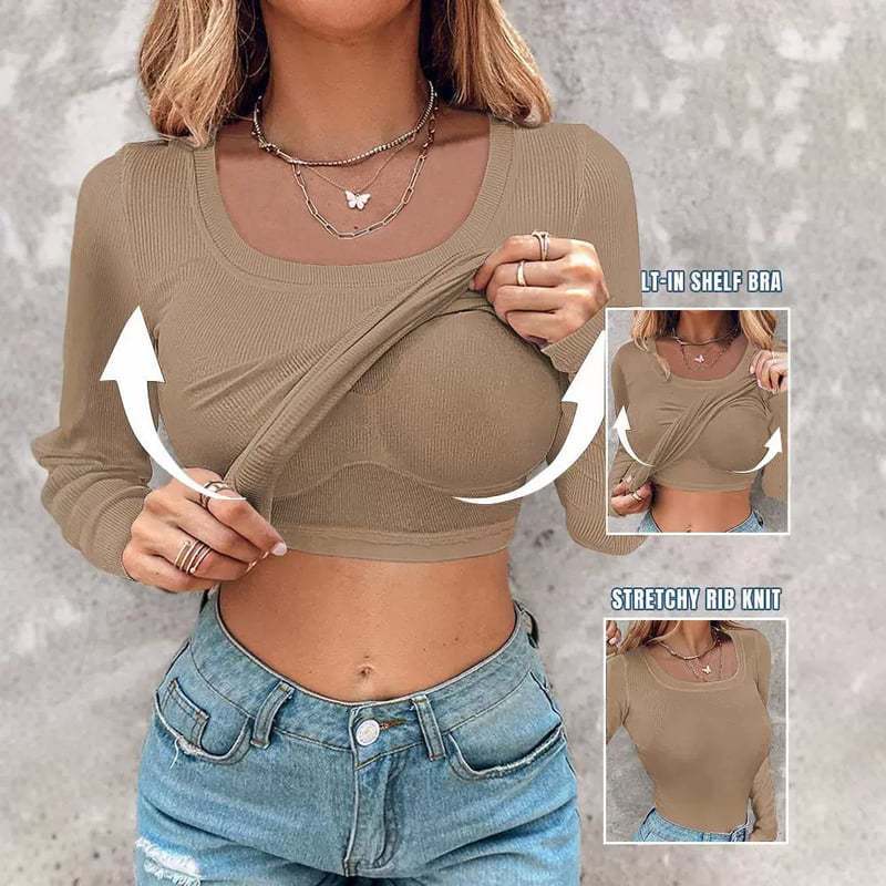 ??Womens U-Neck Built-in Bra Long Sleeve Ribbed Top Shirts Elegant Skinny Fit Fabric