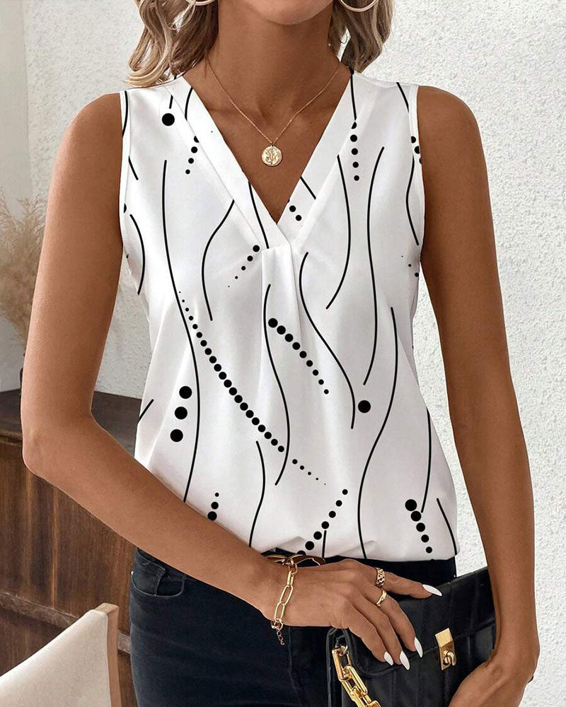 V-Neck Sleeveless Pleated Printed Vest