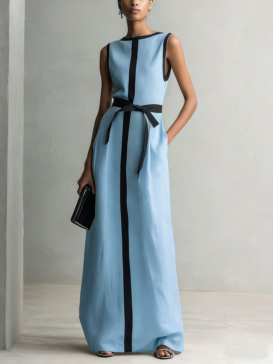 Women's Round Neck Sleeveless Casual Loose Cotton Linen Dress