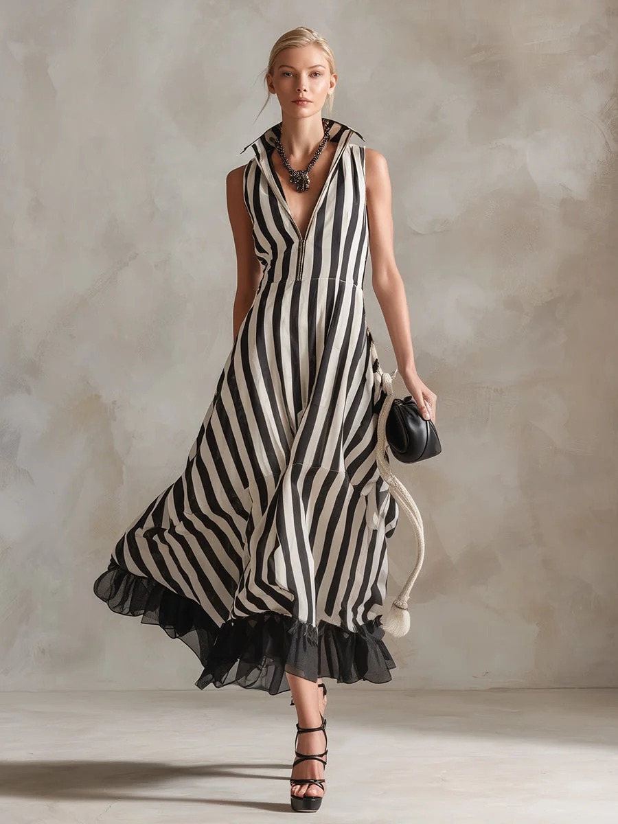 Black & White Striped Maxi Dress (S-2XL)