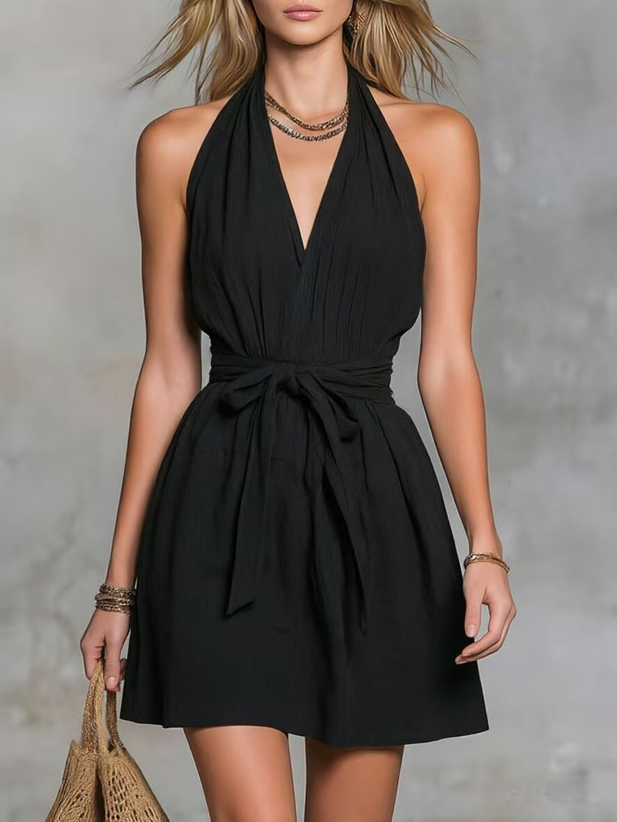  Halter Neck V-Neck Waist Tie Casual Holiday Women'S Dress