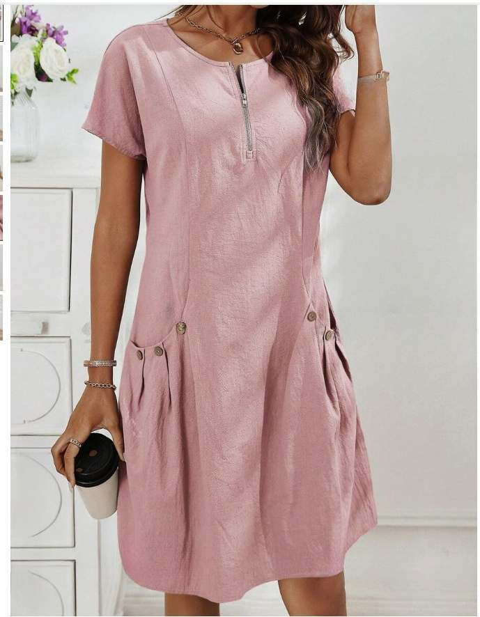 Zipper Pocket Cotton Linen Dress