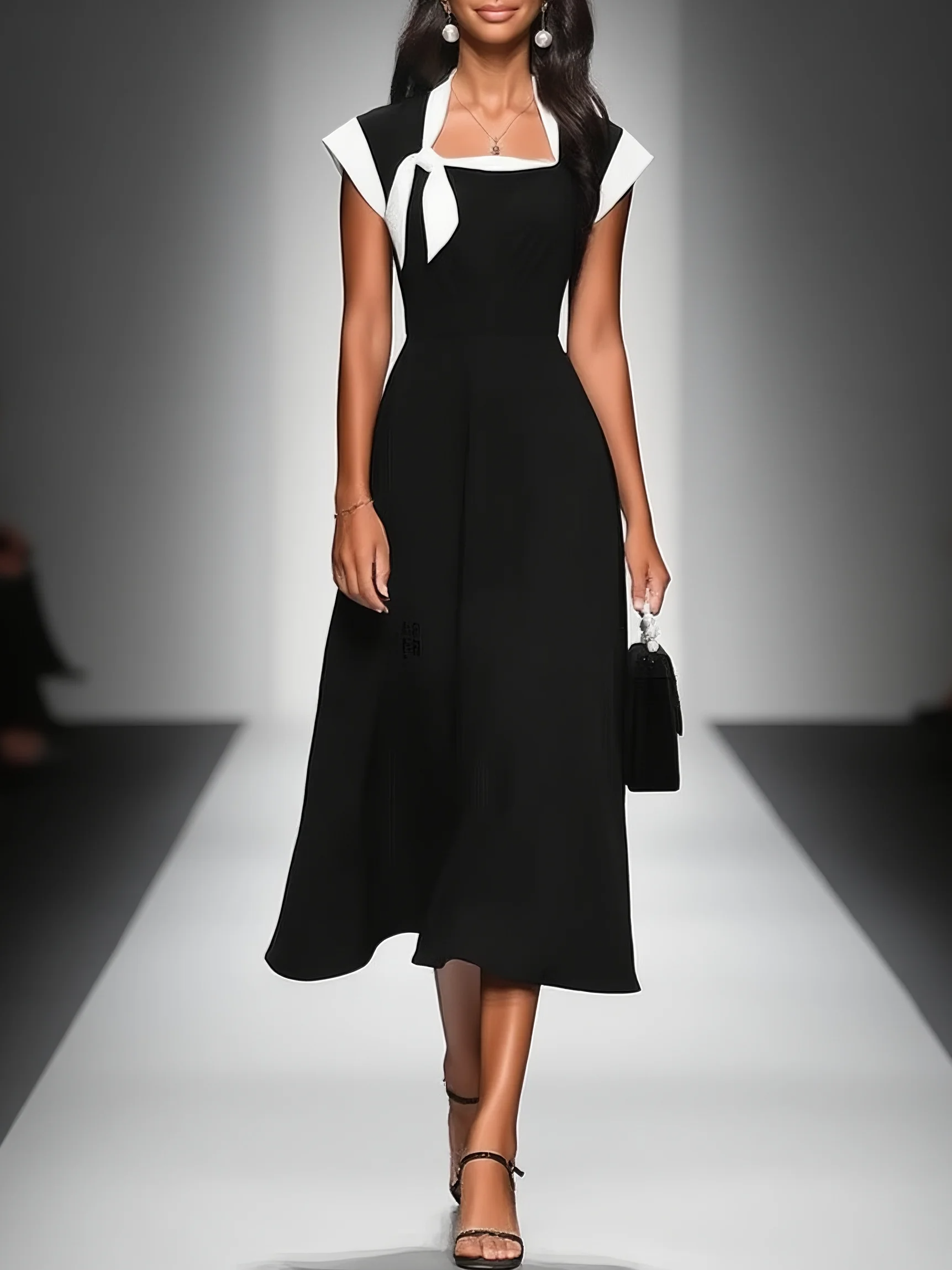 Women's Colorblock Square Neck Cap Shoulder Sleeve Waist Midi Dress 