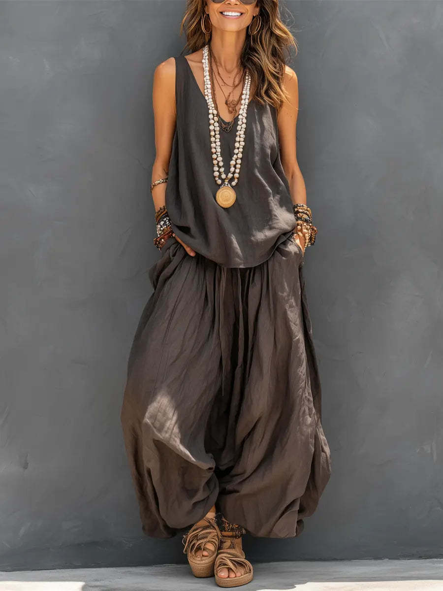 Linen V-neck Sleeveless Top And Wide Leg Pants Set