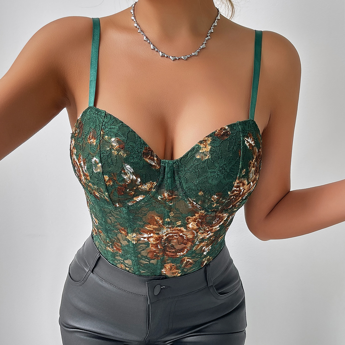 Floral Print Embroidery Bustier Corset Bodysuit