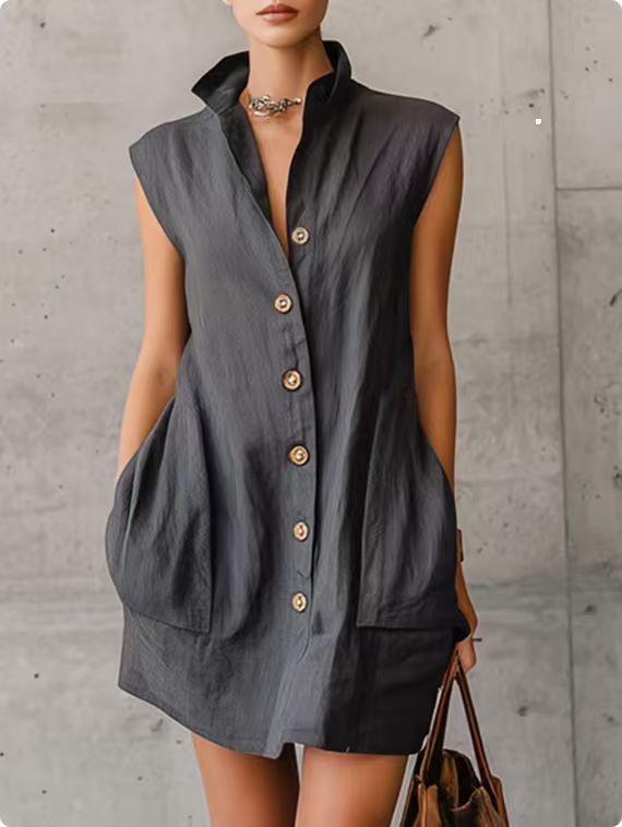 European And American Style Sleeveless Stand-Collar Button-Down Dress, Retro Literary A-Line Skirt, New Summer Casual Women'S Wear
