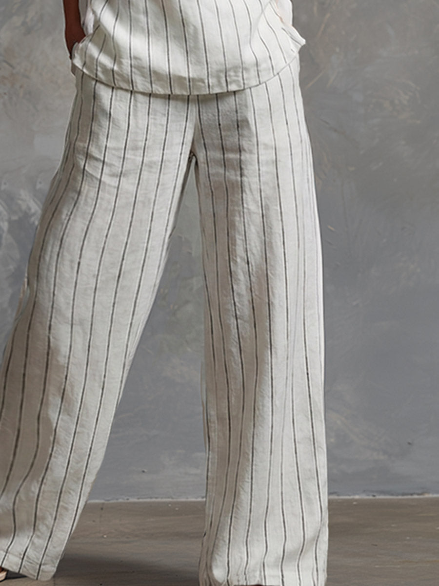Classic Striped White Cotton Sleeveless Top And Wide-leg Pants Set