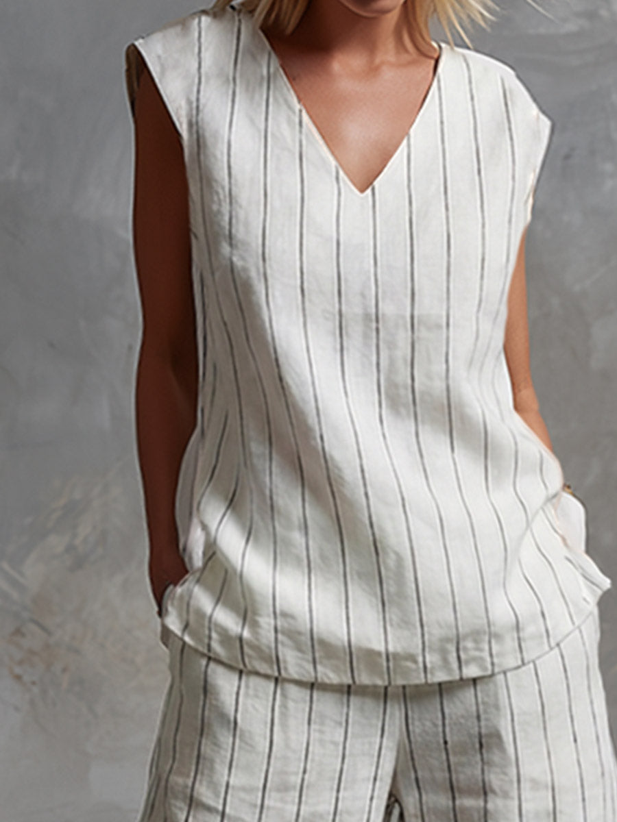 Classic Striped White Cotton Sleeveless Top And Wide-leg Pants Set