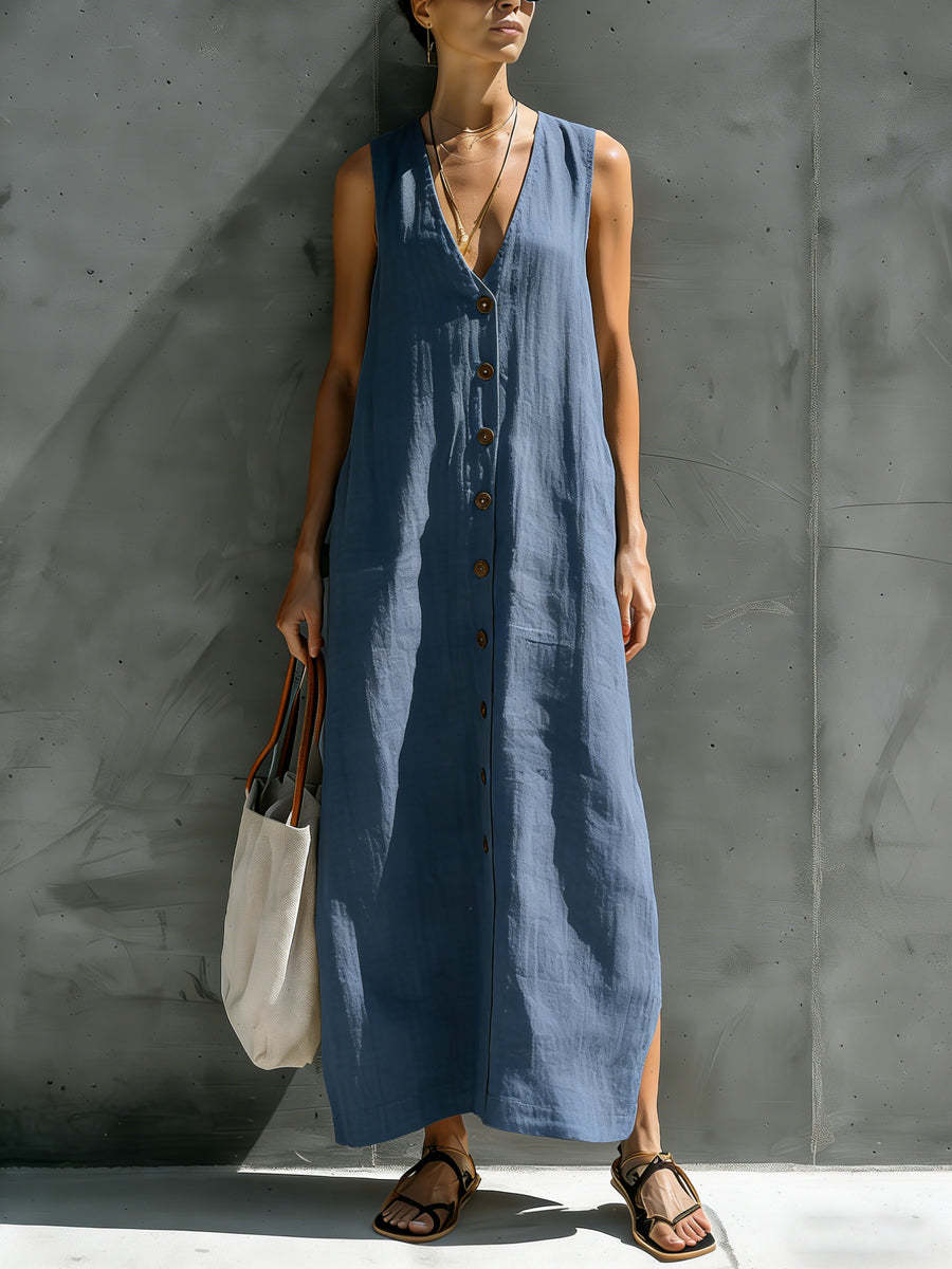 Womens Simple Cotton-Linen V-Neck Buttoned Sleeveless Loose Long Dress