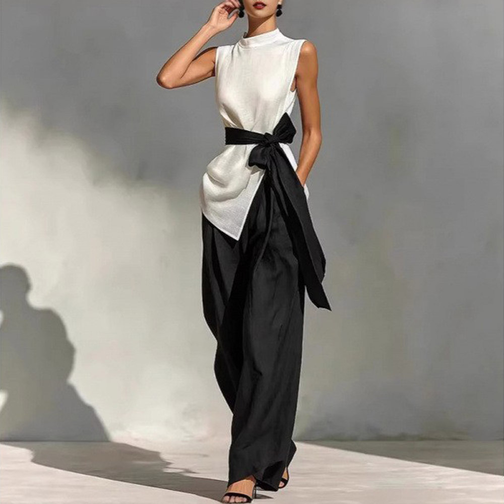 Women'S Lace-Up Sleeveless Contrasting Color Suit Top + Wide Leg Pants Two-Piece Set