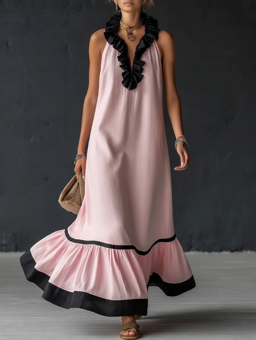 Stylish Simple Sleeveless Color-blocked Ruffled V-neck Cotton Linen Maxi Dress
