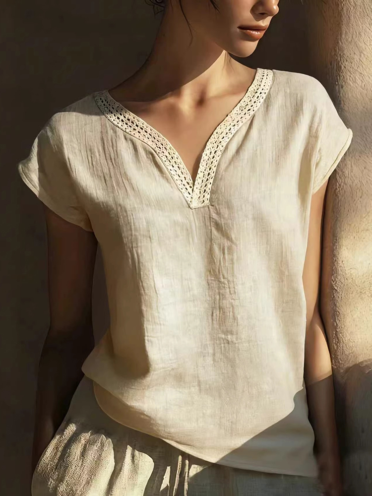 VChics Boho Vintage Lace V-neck Cotton Blend Shirt