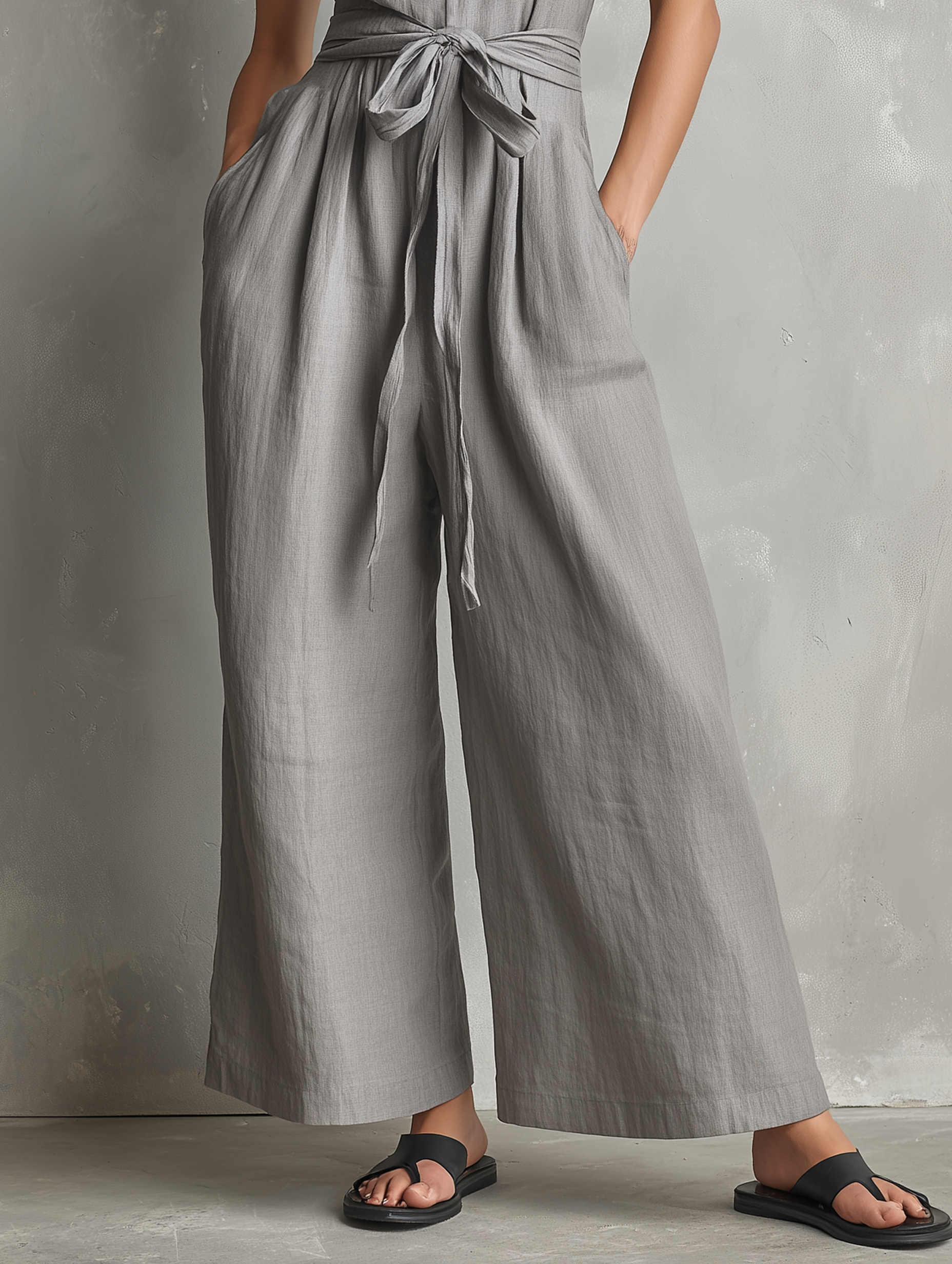 Women's Minimalist Linen-Blend Zippered V-Neck Sleeveless Belted Jumpsuit 
