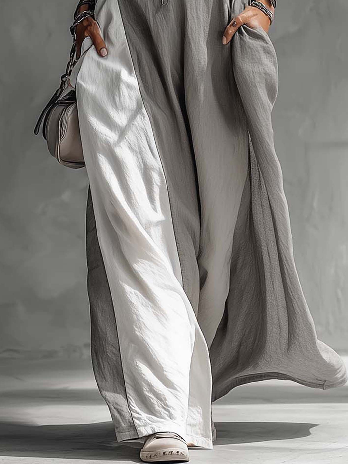 Color Block Gray Sleeveless Cotton Linen Maxi Dress