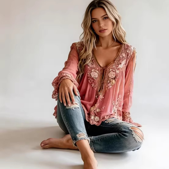 Floral Pattern V Neck Semi-Transparent Long Sleeve Blouse