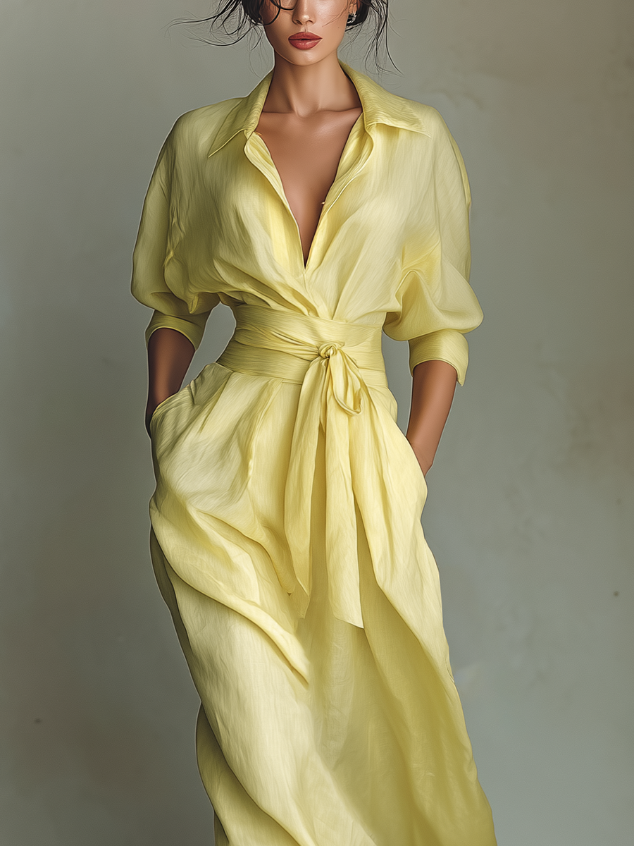 Women's Lemon Yellow Cotton And Linen Blend Maxi Shirt Dress With Tie Waist & Half Sleeves 