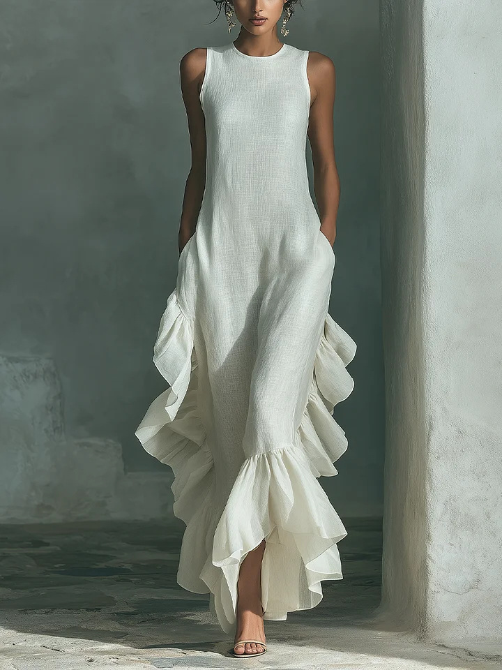 Sleeveless Ruffled Linen Maxi Dress