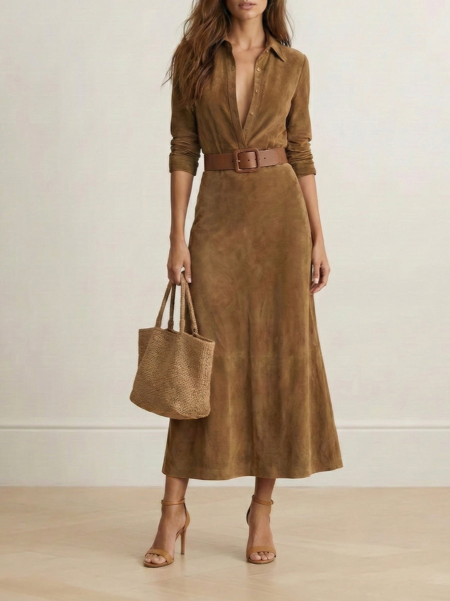 Long Sleeves Split-Joint Lapel Maxi Dresses Shirt Dress